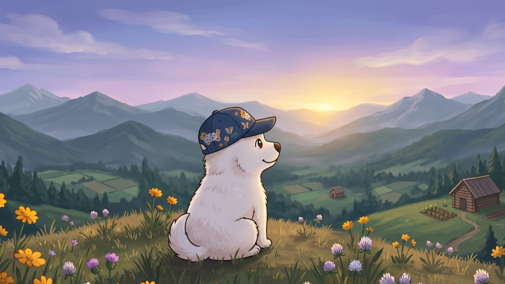 Hodly seen from behind, sitting on a hill looking out over dusk mountains and a quiet valley