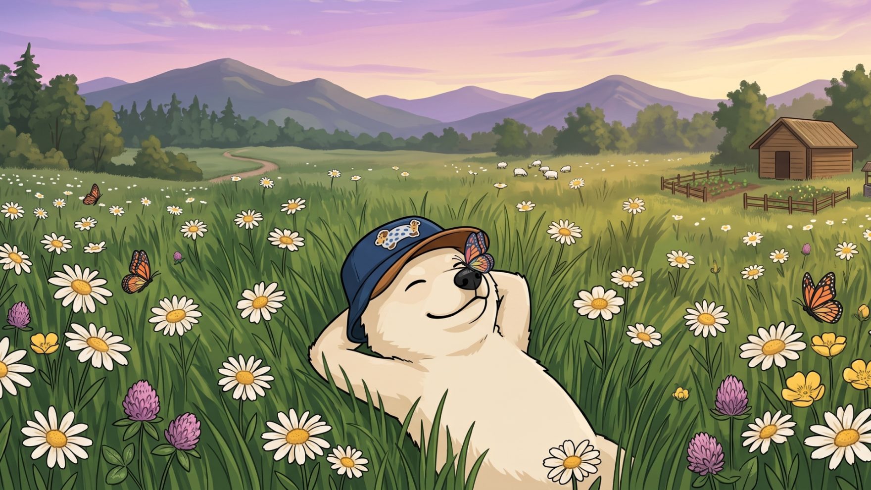 Hodly lying back in a field of daisies, a butterfly resting on his nose