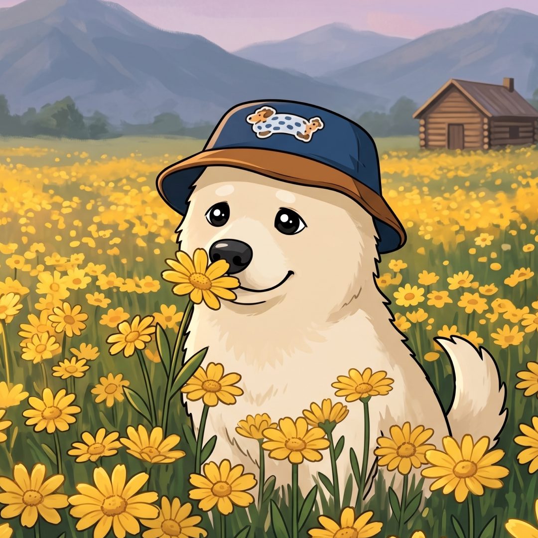 Hodly sitting in a field of yellow flowers