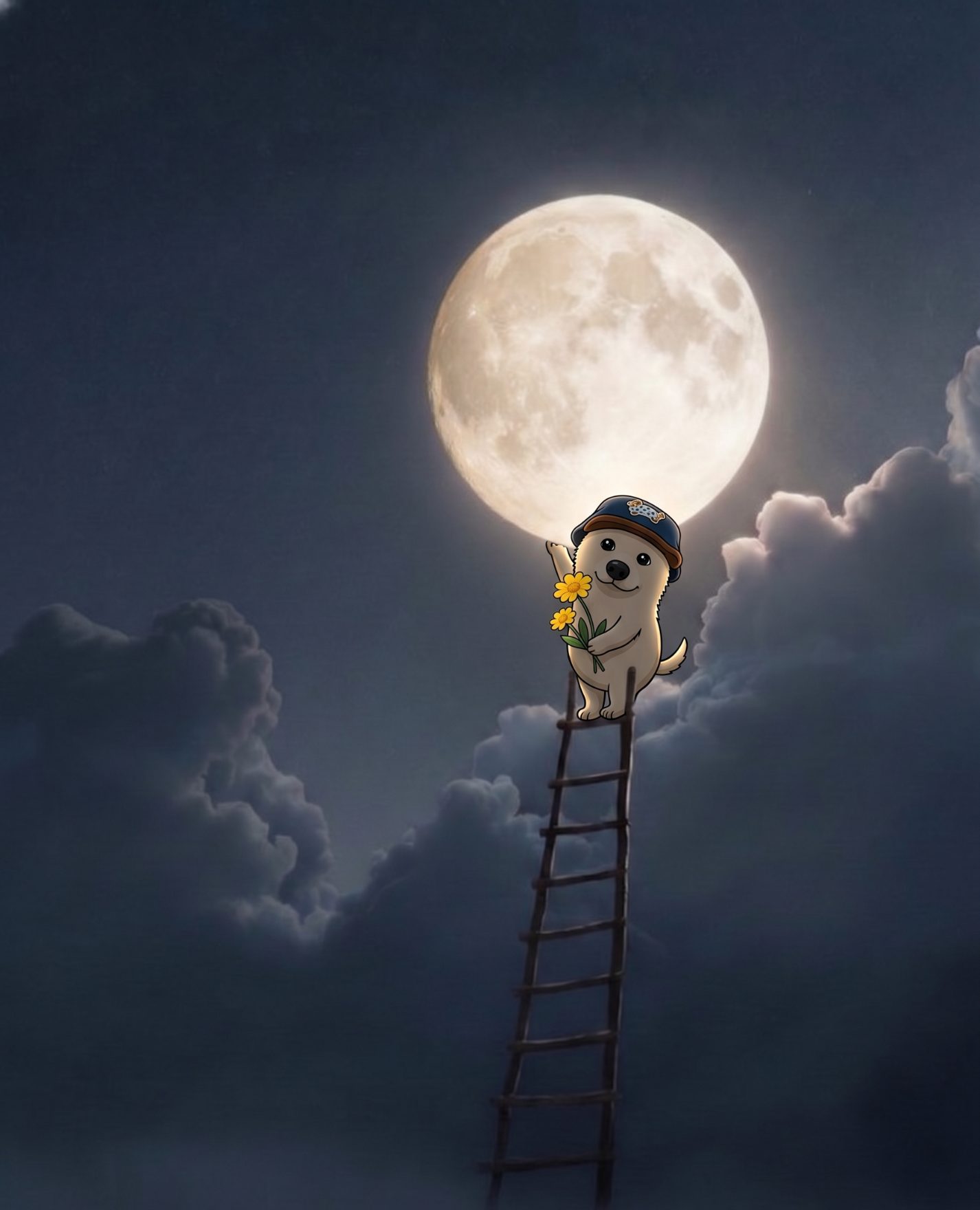 Hodly at the top of a tall ladder reaching up to a glowing full moon, holding his flowers