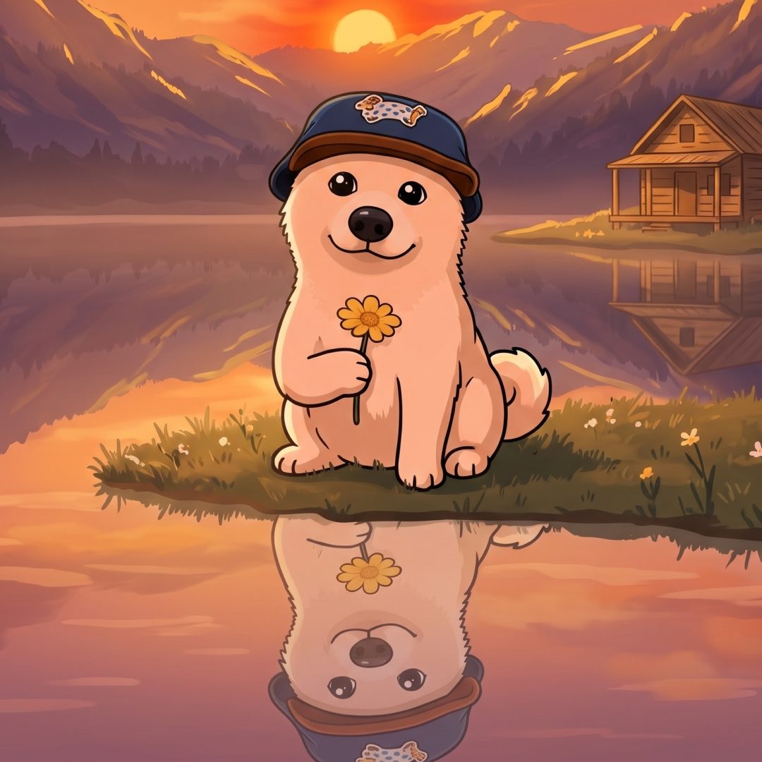 Hodly sitting by a lake holding a flower as the sun sets behind the mountains