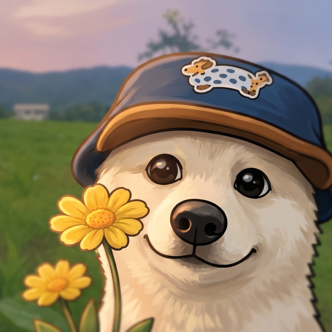 Close-up of Hodly in his navy bucket hat holding a yellow flower